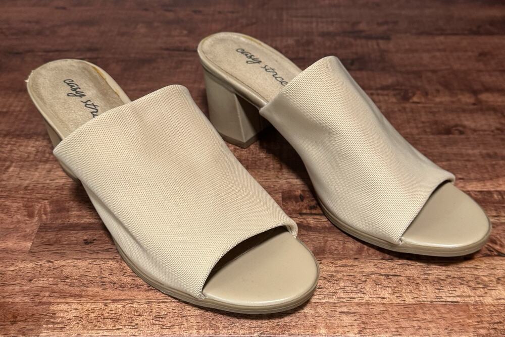Easy Street Womens Tan Mule Peep-Toe Platform Heels Sz 7W